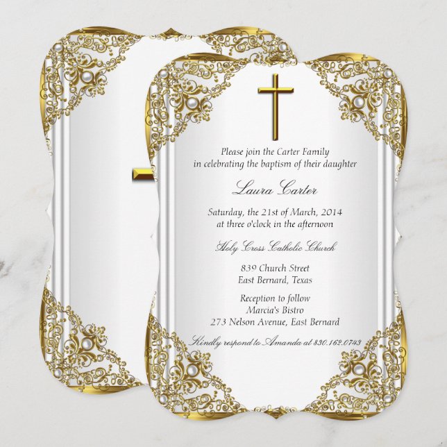 Convites Pérola Damasko de Ouro Branco Cruz Batismo Batizad (Frente/Verso)