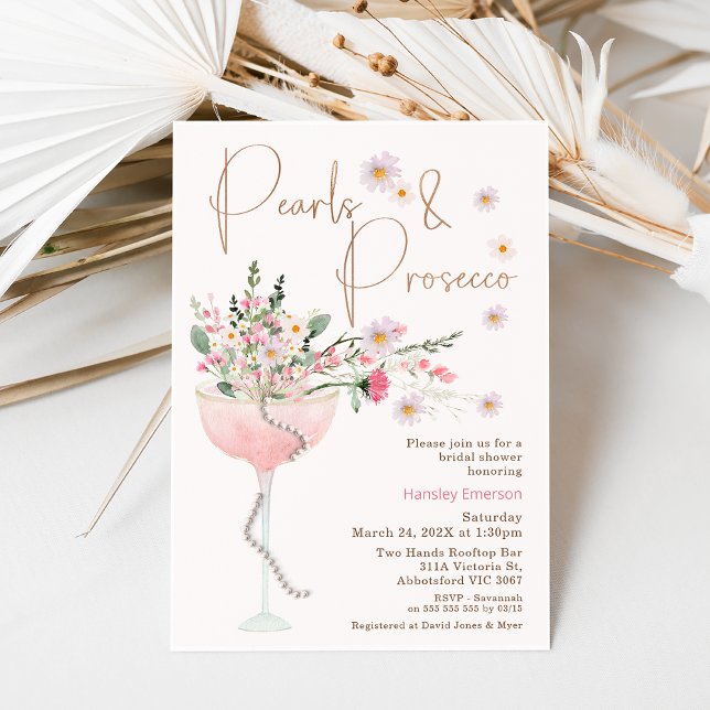 Convites Pérola de flor selvagem moderna e Chá de panela de (Wildflowers pearls and prosecco bridal shower. Wedding shower pearls and prosecco invite, )