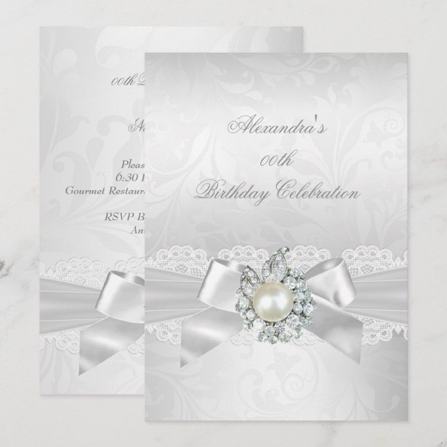 Convites Pérola Diamante Renda Laço Branco Damasco Prata Fe (Frente/Verso)