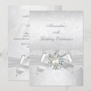 Convites Pérola Diamante Renda Laço Branco Damasco Prata Fe