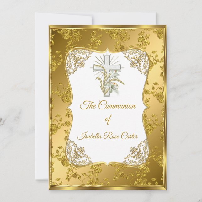 Convites Pérola Dourado Branco Cruz Sagrada comunhão rosa D (Frente)
