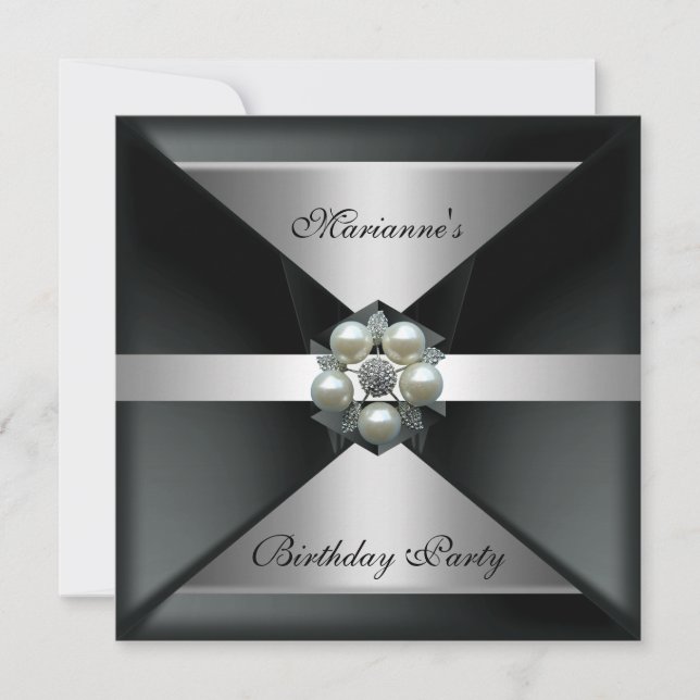 Convites Pérola Elegante Jóia Aniversário Prata & Branco (Frente)