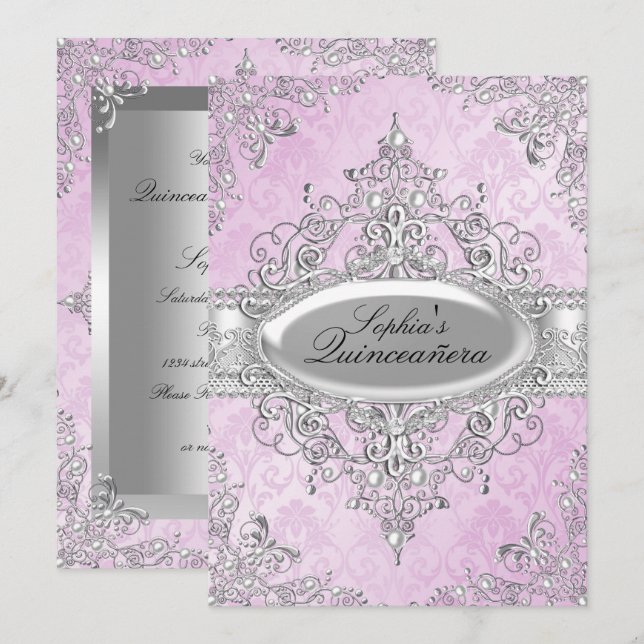 Convites Pérola Glamour Rosa Quinceanera Antiga (Frente/Verso)