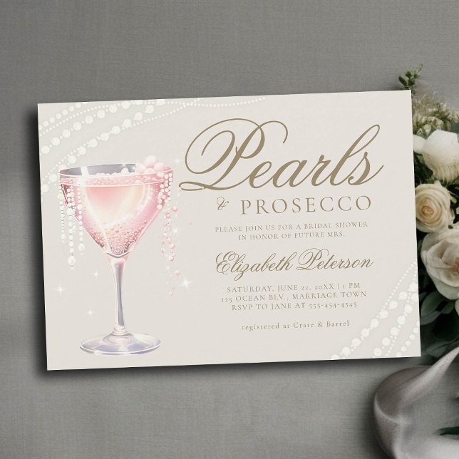 Convites Pérola Prosecco - Chá de panela rosa-bolha Ecru (pearls and prosecco bridal shower invitation pink bubbly ecru gold calligraphy elegant modern classy)