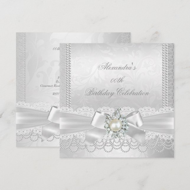 Convites Pérola Renda Damasco Diamante Prata Branco Laço Fe (Frente/Verso)