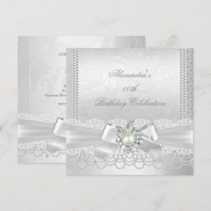 Convites Pérola Renda Damasco Diamante Prata Branco Laço Fe