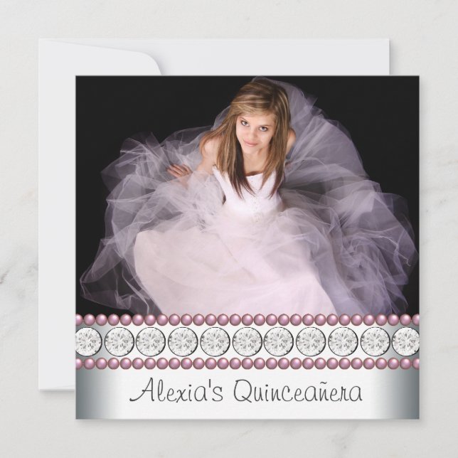 Convites Pérola Rosa Branco Rosa Foto Quinceanera (Frente)
