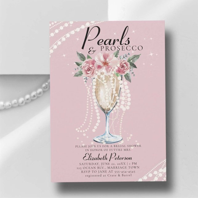Convites Pérola Rosas Prosecco Chá de panela rosado (pearls and prosecco bridal shower invitation brunch bubbly champagne garden outdoors modern classy)