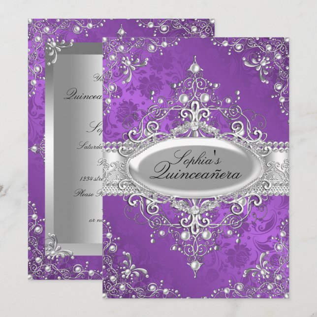 Convites Pérola Roxa Glamour Vintage Quinceanera (Frente/Verso)