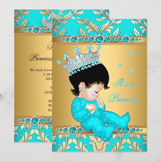 Convites Pérola Teal Dourada Chuvinha de Bebê Princesa More (Frente/Verso)