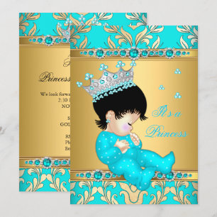 Convites Pérola Teal Dourada Chuvinha de Bebê Princesa More