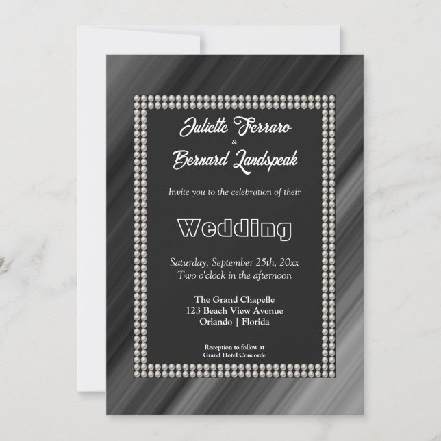 Convites Pérolas Brancas, Casamento Preto e Branco Retrô (Frente)
