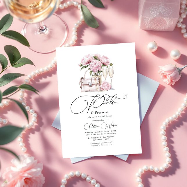 Convites Pérolas-chic e Chá de panela Floral Rosa-Prosecco (Chic Pearls and Prosecco Pink Floral Bridal Shower Invitation)