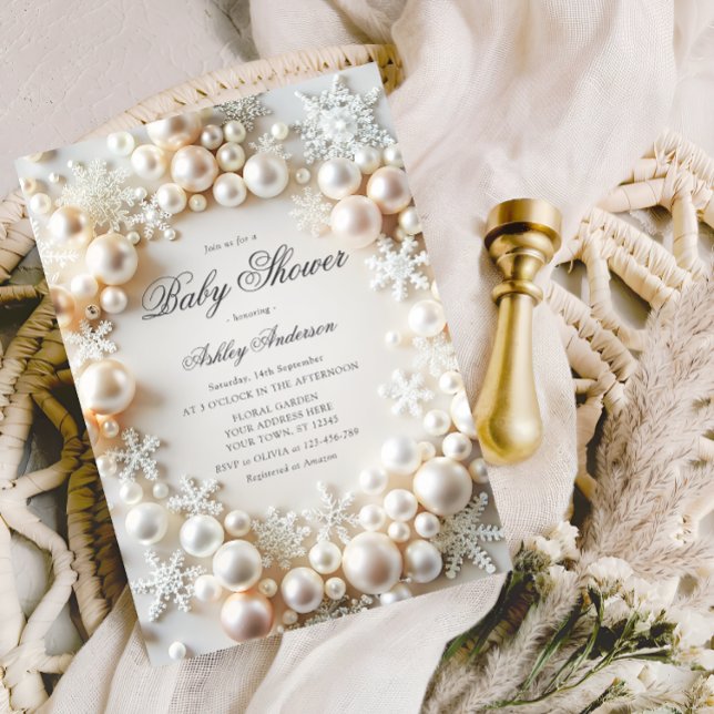 Convites Pérolas com Flocos de Neve Chá de fraldas Neutro (Criador carregado)