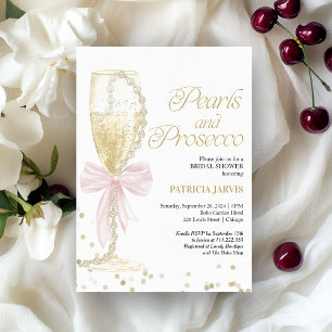 Convites Pérolas com Laço Rosa e Prosecco Chá de Bebê da No