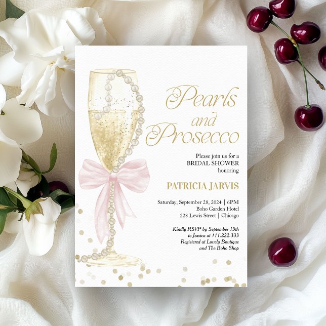 Convites Pérolas com Laço Rosa e Prosecco Chá de Bebê da No (Criador carregado)