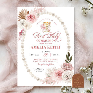 Convites Pérolas cor-de-rosa Primeira Santa Comunhão
