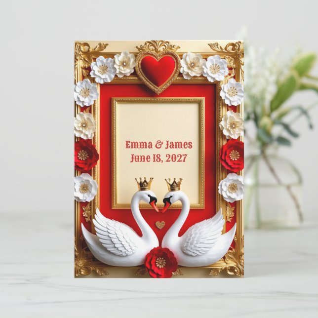 Convites 💎 Pérolas de Casamento de Cisne e Moldura de Ouro (Em pé/Frente)