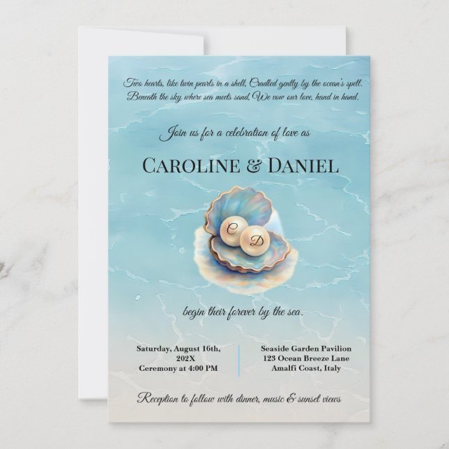 Convites Pérolas de Casamento de Praia Shell Elegant Ocean  (Frente)
