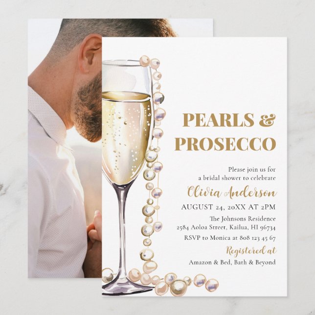 Convites Pérolas de Foto Elegantes e Chá de panela Prosecco (Frente/Verso)