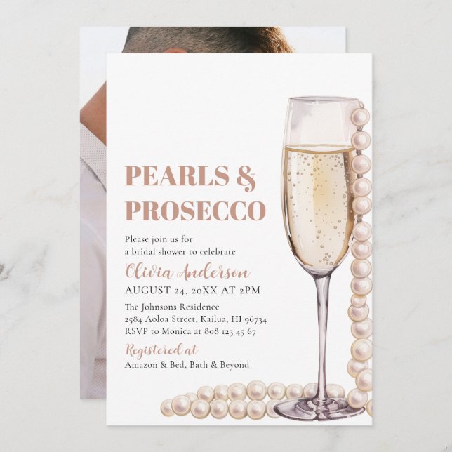 Convites Pérolas de Foto Elegantes e Chá de panela Prosecco (Frente/Verso)