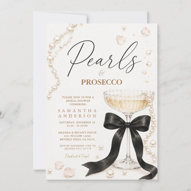 Convites Pérolas de Laço Preto & Prosecco Elegante Coquete (Frente)