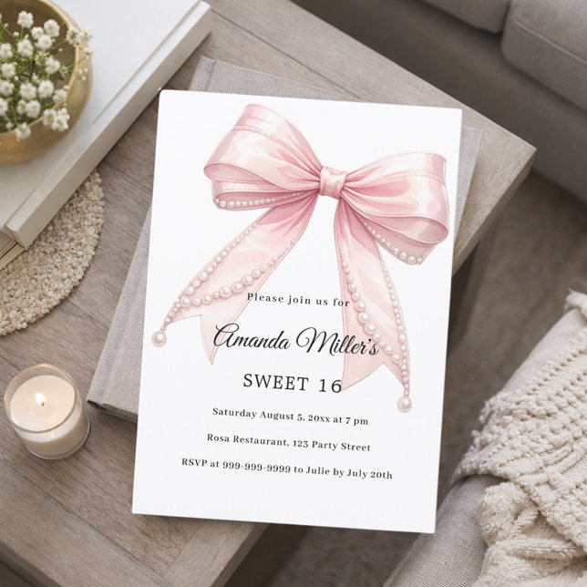 Convites Pérolas de laço rosa elegante Luxo Sweet 16 (Criador carregado)