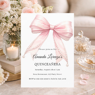 Convites Pérolas de laço rosa elegante Quinceanera luxuoso