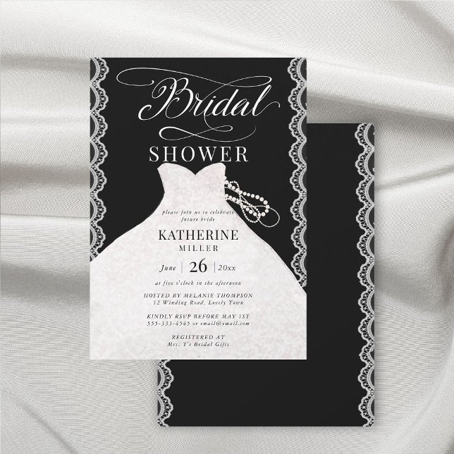 Convites Pérolas de rendas Chá de panela branco preto vesti (lace and pearls bridal shower invitation black and white elegant romantic modern classy stylish)