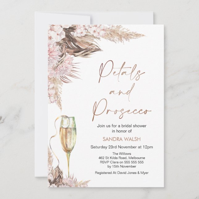 Convites Pérolas de Vidro Floral Rosa Chá de panela Prosecc (Frente)