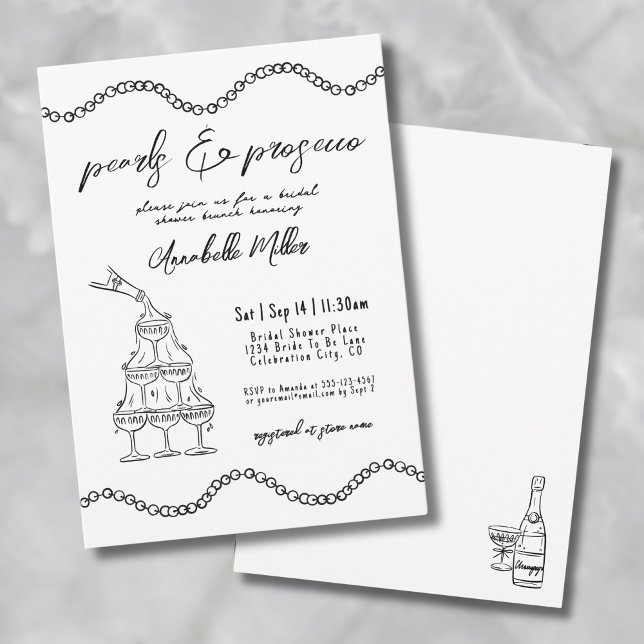 Convites Pérolas Desenhadas à Mão com Capricho Bridal Showe (Whimsical Hand Drawn Pearls Prosecco Bridal Shower Invitation)
