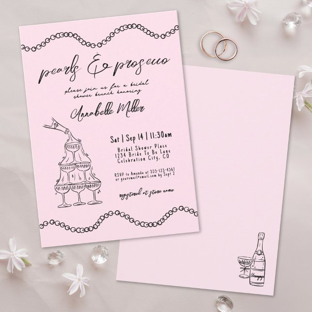Convites Pérolas Desenhadas à Mão Prosecco Caprichoso Chá d (Hand Drawn Pearls Whimsical Prosecco Bridal Shower Invitation)