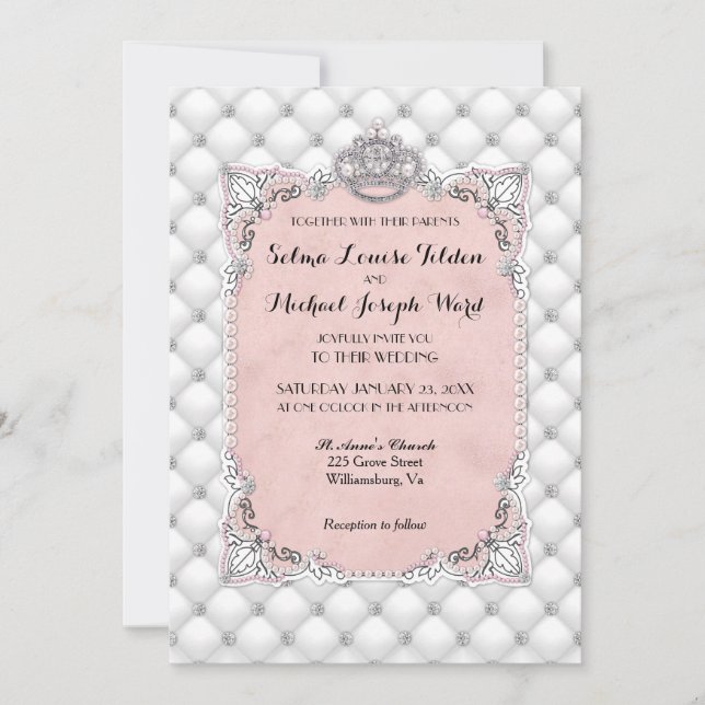 Convites Pérolas & Diamantes Casamento Rosa Glamouroso Form (Frente)
