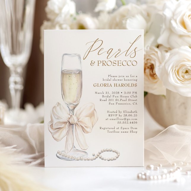 Convites Pérolas do Arco Branco Românico e Chá de panela Pr (Pearls and Prosecco Bridal Shower Invitation with Bow)