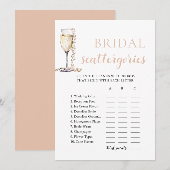 Convites Pérolas Douradas e Jogo Bridal Scattegories Prosec (Frente/Verso)