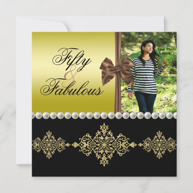 Convites Pérolas e Arcos Douradas e Black Fabulous 50 Fotog (Frente)