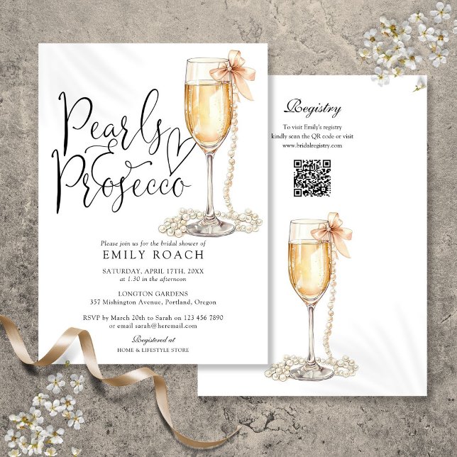 Convites Pérolas e Chá de panela Azul do Código QR Prosecco (Pearls And Prosecco QR Code Blue Bridal Shower Invitation)