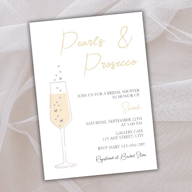 Convites Pérolas E Chá de panela Chic Elegante Prosecco (pearls and prosecco bridal shower invitation elegant chic champagne)