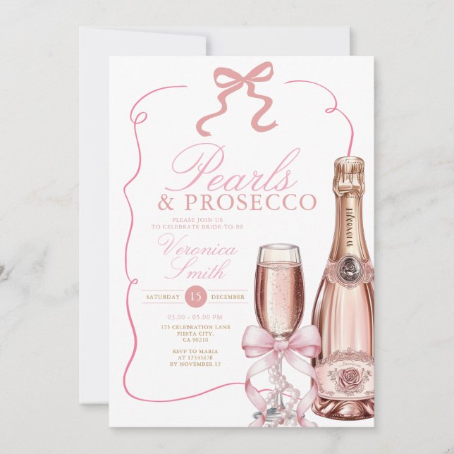 Convites Pérolas e Chá de panela de Arco Rosa Prosecco (Frente)