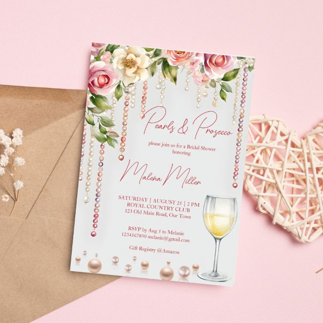 Convites Pérolas e chá de panela de prosecco elegante (Pearls and prosecco bridal shower elegant invitation editable template instant download blush pink)