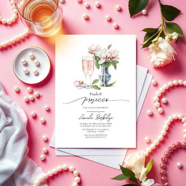 Convites Pérolas e Chá de panela Elegante Prosecco (Pearls and Prosecco Elegant Bridal Shower Invitation)