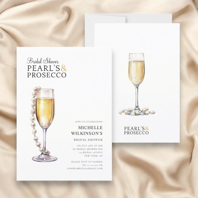 Convites pérolas e chá de panela mínimo moderno do prosecco (modern minimal bridal shower invitation pearls and prosecco themed )
