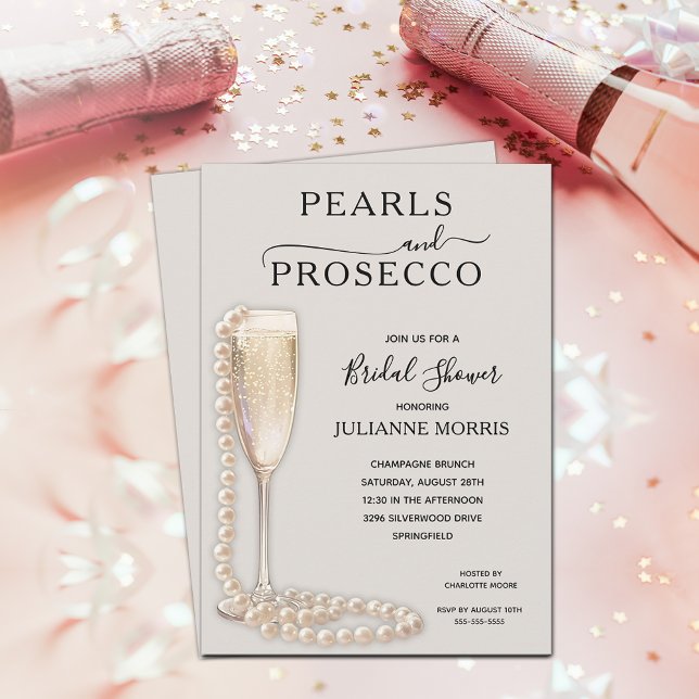 Convites Pérolas e Chá de panela Prosecco Brunch e Bubble (Pearls and Prosecco taupe bridal shower brunch & bubbly invitations)