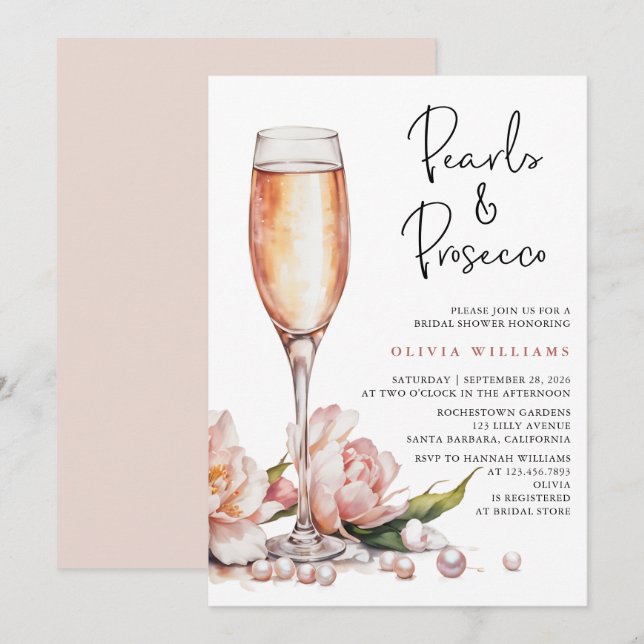 Convites Pérolas e Chá de panela Prosecco de Aquarela (Frente/Verso)