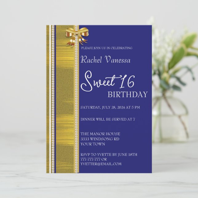 Convites Pérolas e Dourado Sweet 16 (Em pé/Frente)