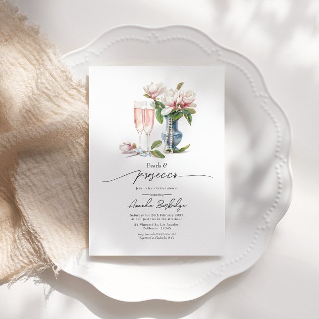 Convites Pérolas e Prosecco Chá de Noiva Elegante (Pearls and Prosecco Elegant Bridal Shower Invitation)