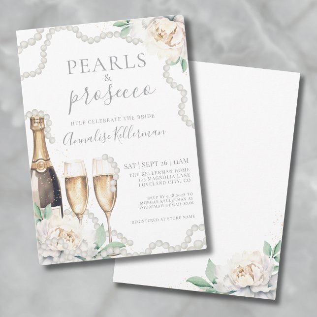 Convites Pérolas e Prosecco Chás de Noiva Florais (Pearls & Prosecco Floral Bridal Shower Invitation)