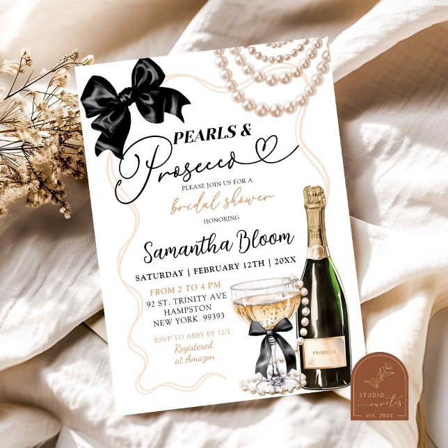 Convites Pérolas e Prosecco Coquete com Laço Preto (Criador carregado)