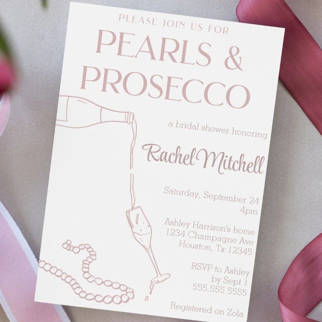 Convites Pérolas e Prosecco, cor-de-rosa/Chá (pearls and Prosecco bridal or lingerie shower invitation cute handdrawn champagne pearls invite)