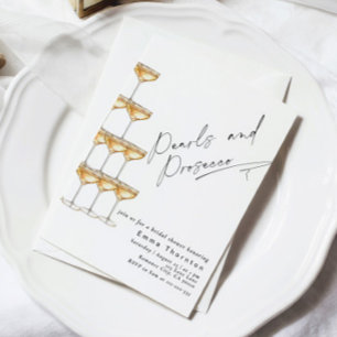 Convites Pérolas e Prosecco Elegante Chá de Noiva Moderno